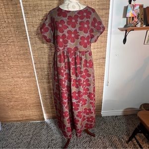 NWT La Mode Empire Waist Red & Beige Cap Sleeve Floral Linen Dress